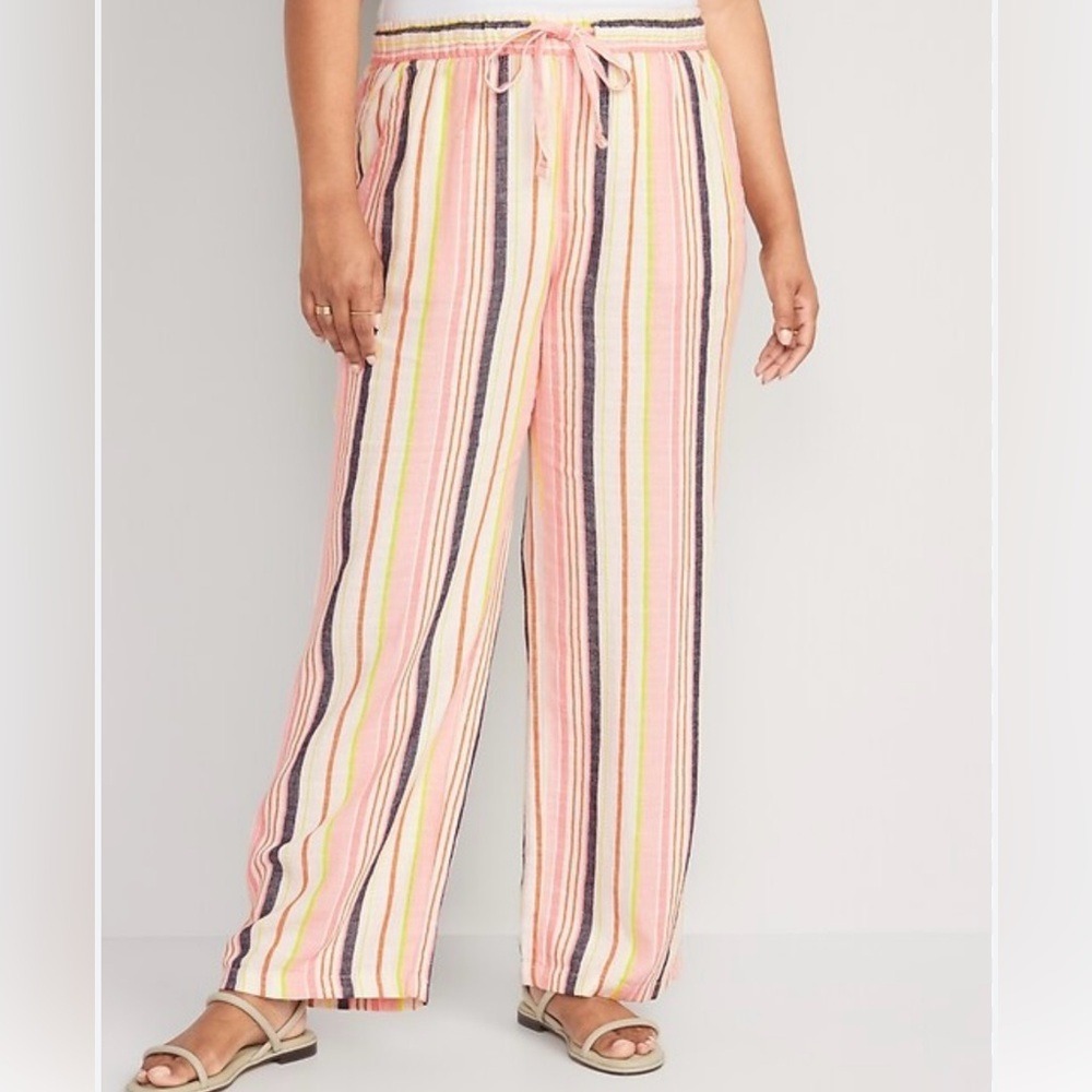 Old Navy Pink Striped Wide Leg Drawstring Linen Blend Pants Womens XS